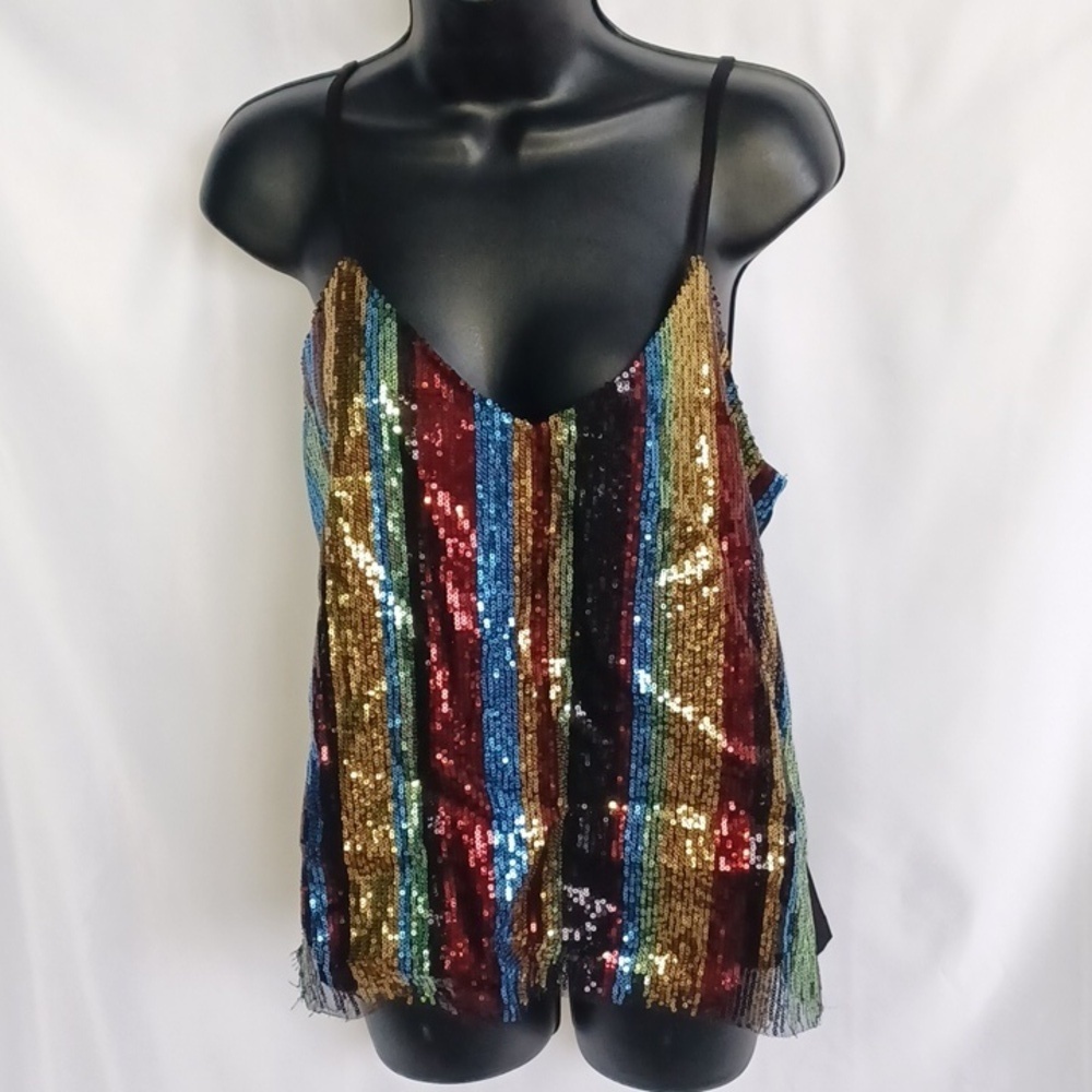 Lavish Sequin Striped Top Raw Hem Waist Adjustable Straps Sz M, 18" PTP x 23"L